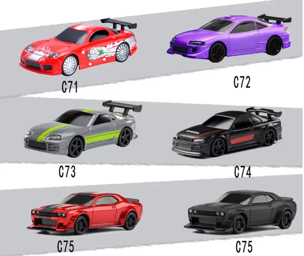 Six modèles Turbo Racing 1/76 photographiés en studio et légendés C71, C72, C73, C74 et C75