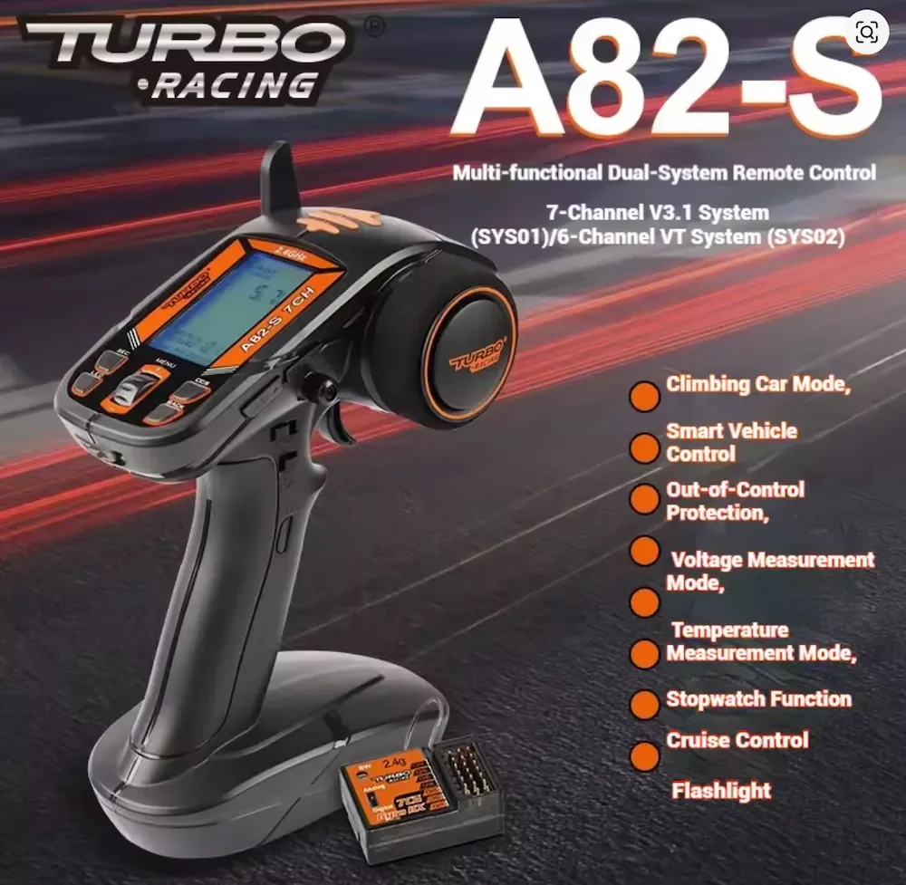 Radiocommande Turbo Racing A82-S à sept voies avec écran, volant et récepteur